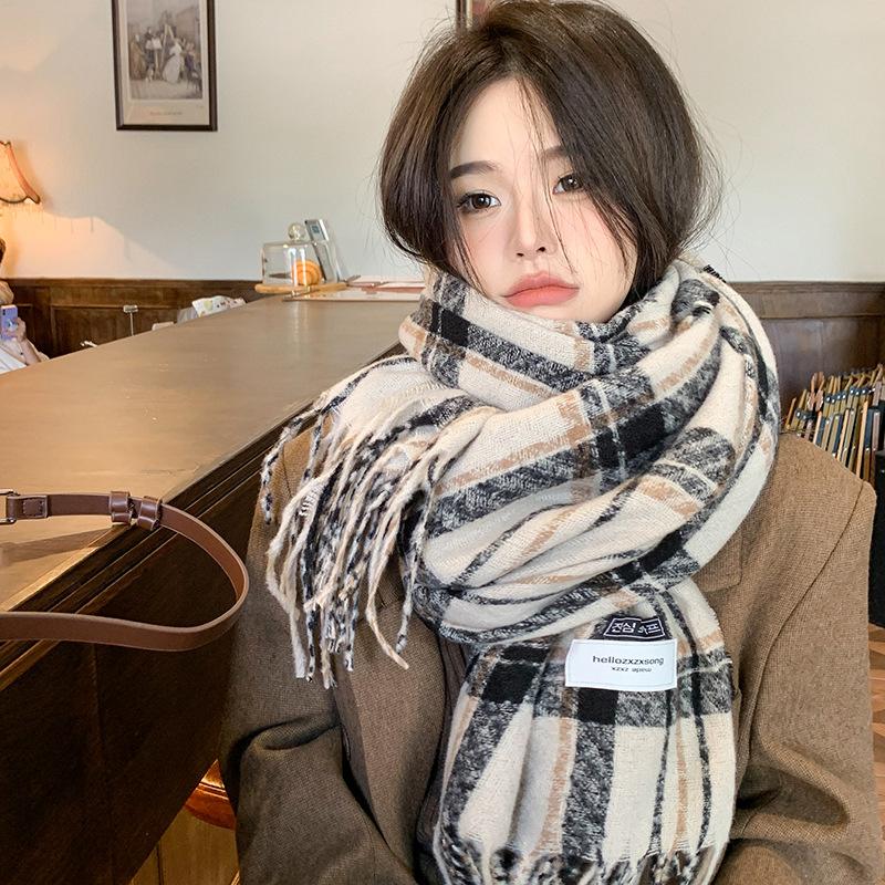 New Korean Version Plaid Scarf Women's Winter Thickened Imitation Cashmere Shawl with Warm Scarf Versatile Student