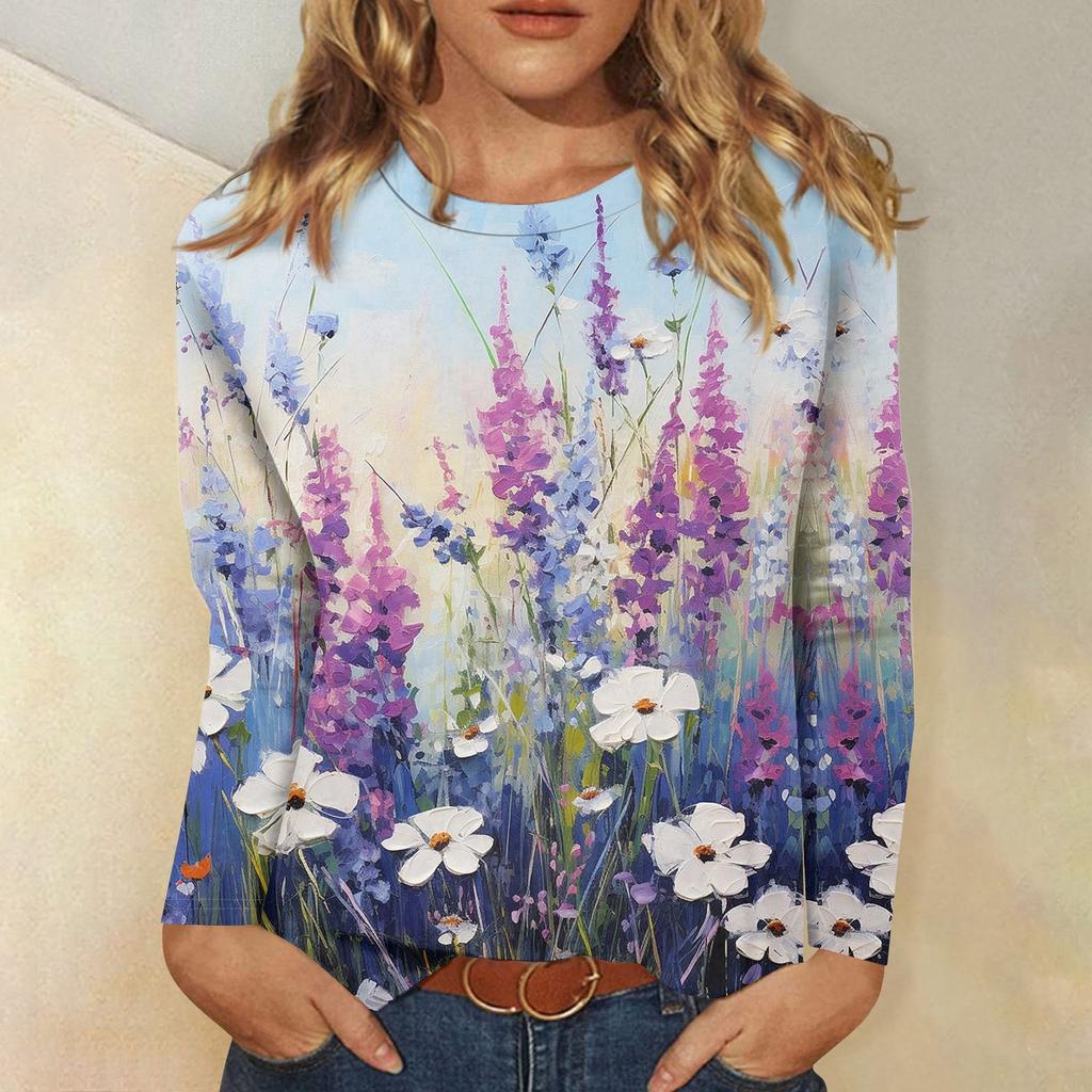 Women's Basic Long-sleeved T-shirt, Round Neck, Leaf Print, Plain Top, Everyday Pullover, Party Gift, Versatile T-shirt