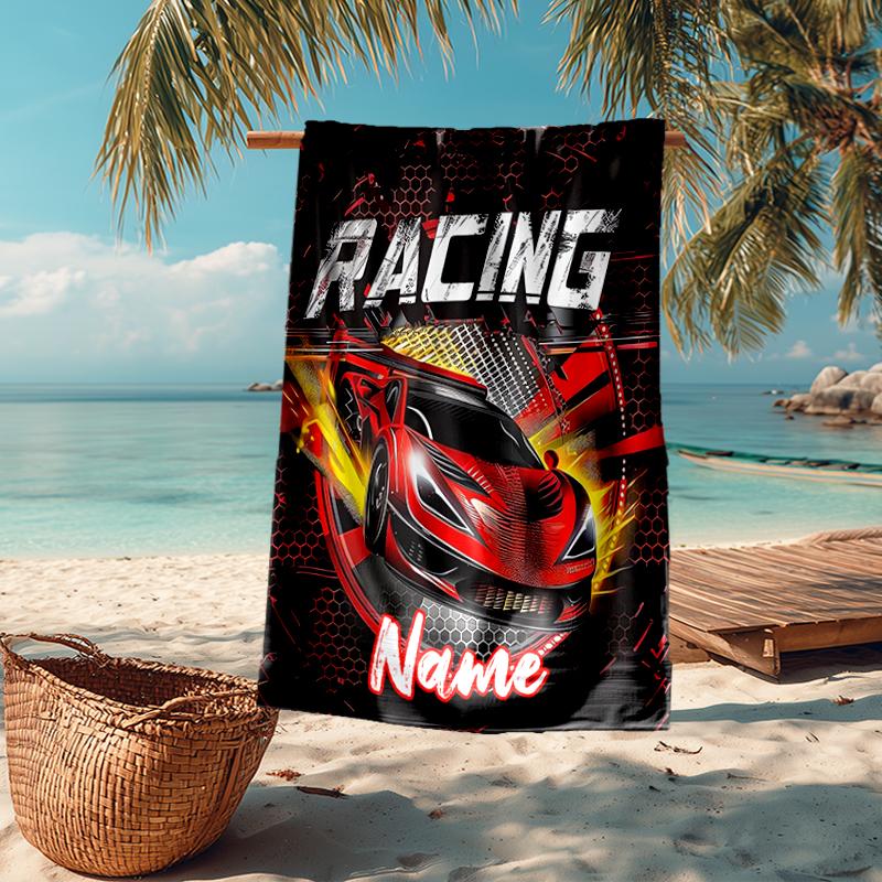 Custom Name Ultra-Soft Beach Towel with Racing Theme,Ideal for Pool - Camping, Diving - Perfect Travel Essential, Vibrant Beach Towel.