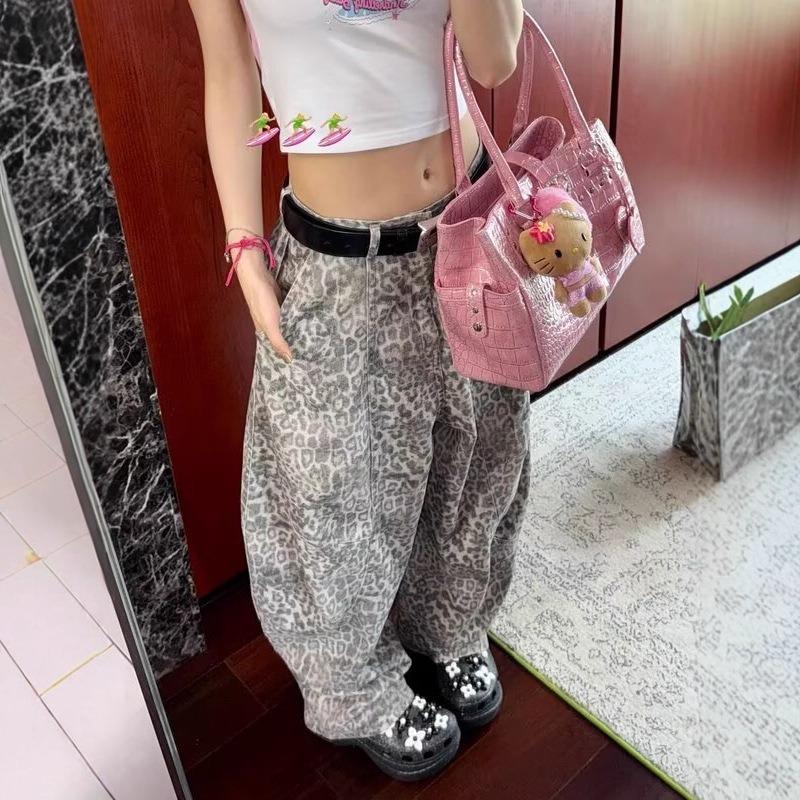 Summer hot sale washed leopard print jeans retro casual and thin versatile fashionable wide-leg trousers women