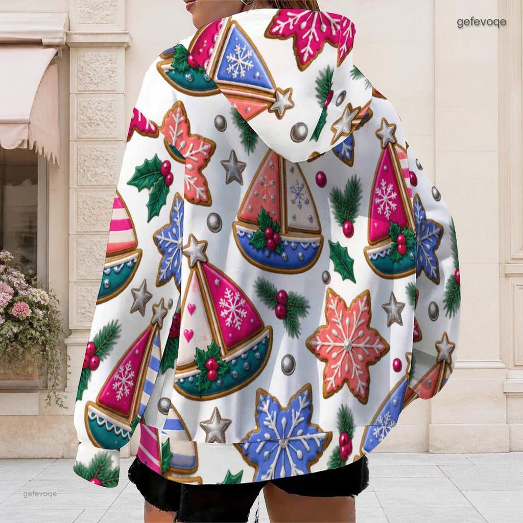 Women Plus Size White Zip Up Long Sleeve Christmas Dachshund Printed Hoodie With Pockets
