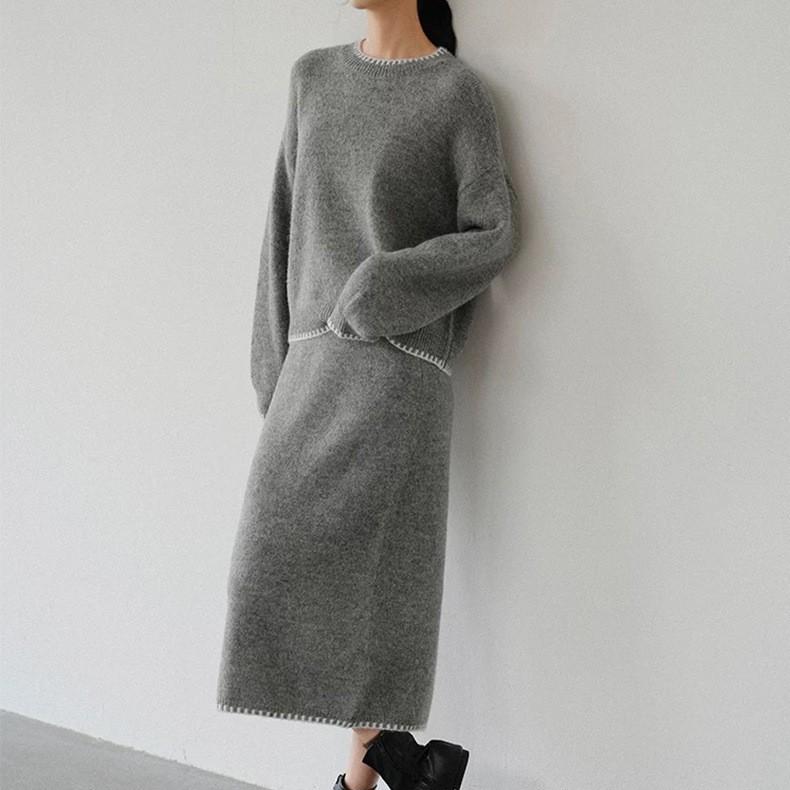 Europäisches und amerikanisches weich-wachsiges Herbst- und Winter-Strickanzug-Set für Damen, Rundhalsausschnitt, neuer weich-wachsiger lockerer Pullover + Rock Zweiteiler