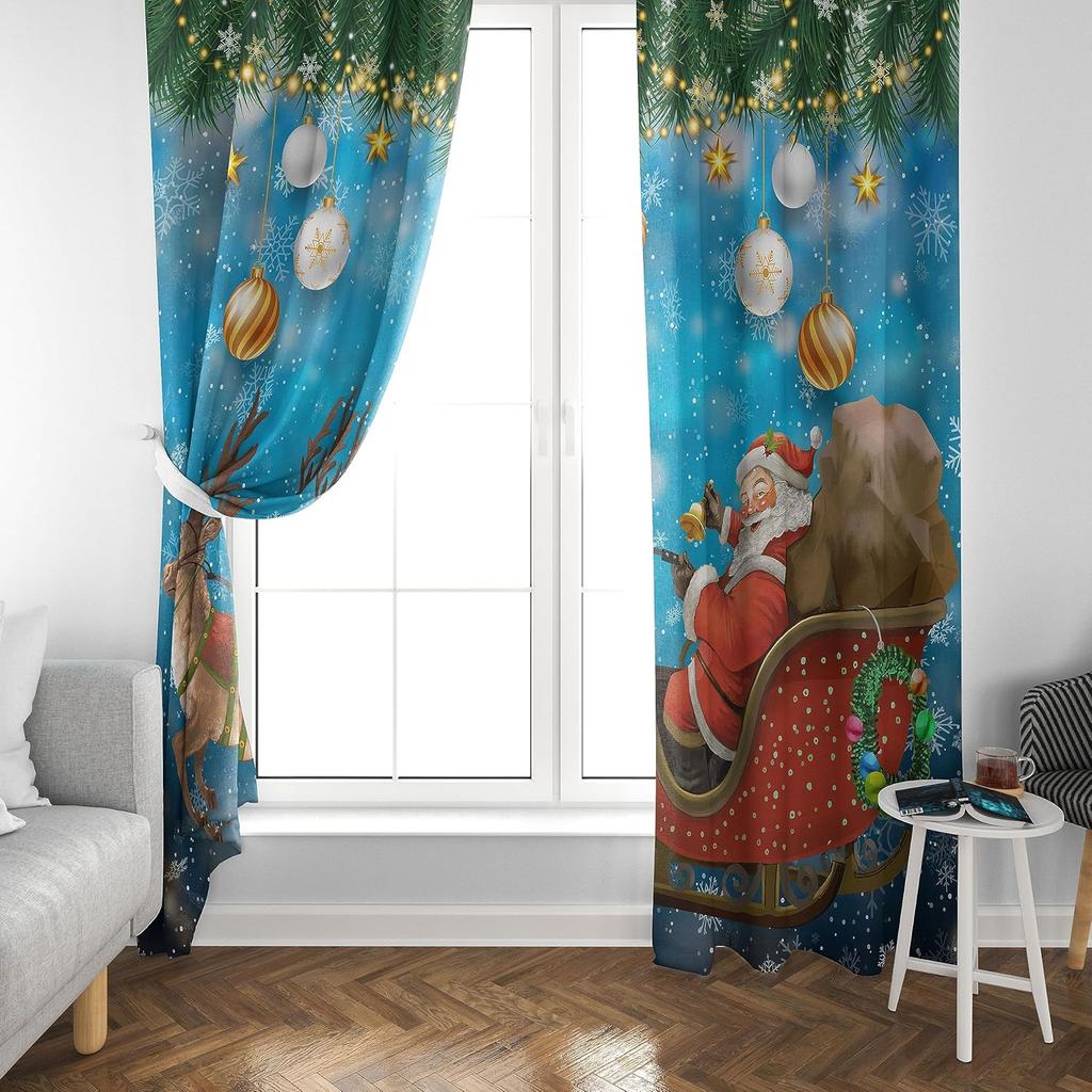 Christmas Curtain Funny Anta Claus Riding Sleigh Delivering Present Ball Winter Print Drapes Bedroom Party Decor For Made Of Polyester