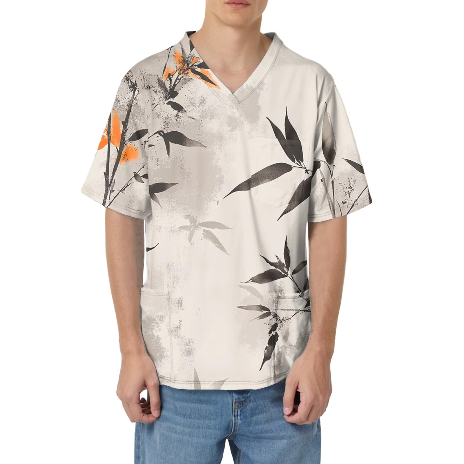 

Мужская рабочая блузка с короткими рукавами и v-образным вырезом с принтом, топ с нагрудным карманом L зелёный