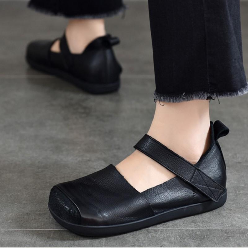 Johnature Retro Genuine Leather Square Toe Flat Shoes Soft Sole Handmade Solid Color Women's Shoes