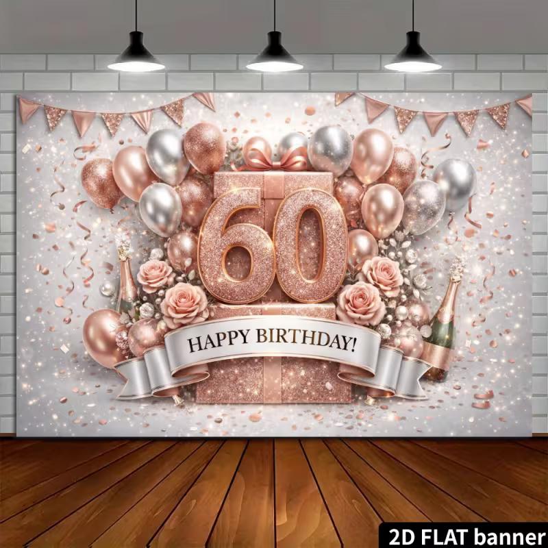 Sfondo 2D Oro Rosa per 60° Compleanno con Fiori & Scatola Regalo Striscione per Festa