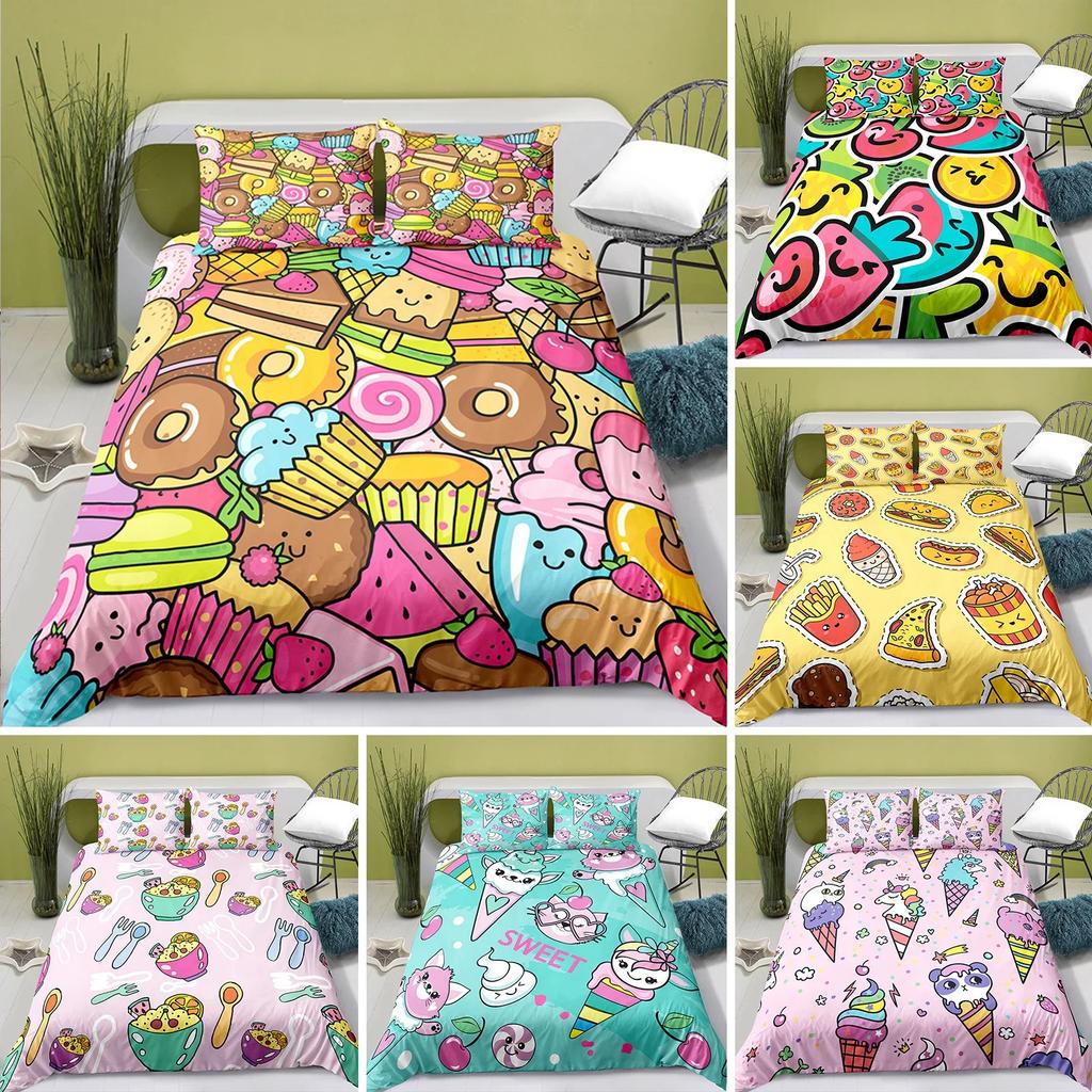 Liebevolles Cartoon-Essen Perlenmilchtee Bequeme Bettdecke Bettbezug Kissenbezug Bettwäscheset Kinderzimmerdekoration Heimtextil