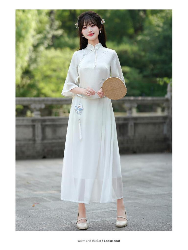 Women's Chinese Retro Tang Suit Cheongsam Top & Zen Tea Two-Piece Set