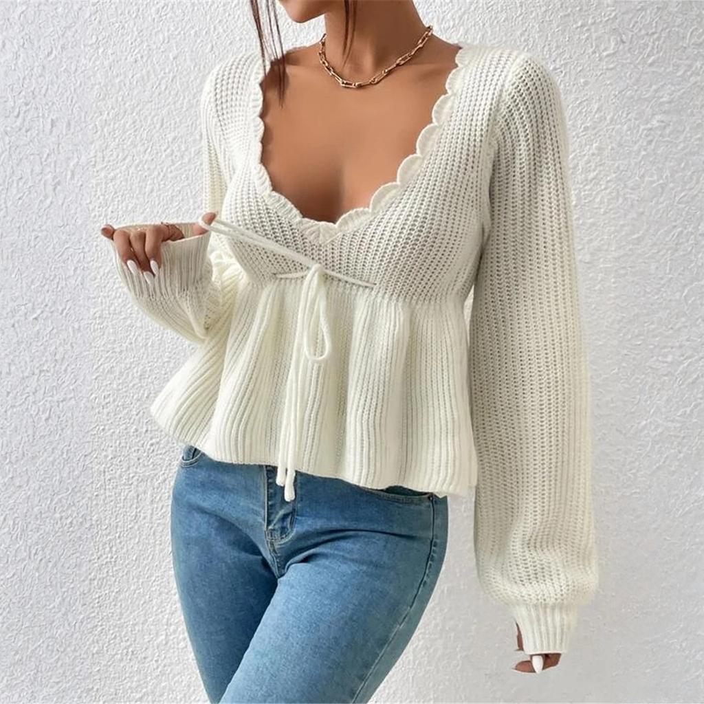 Women's Casual Fashion Loose V-neck Drawstring Ruffled Skirt Knitted Pullover Top