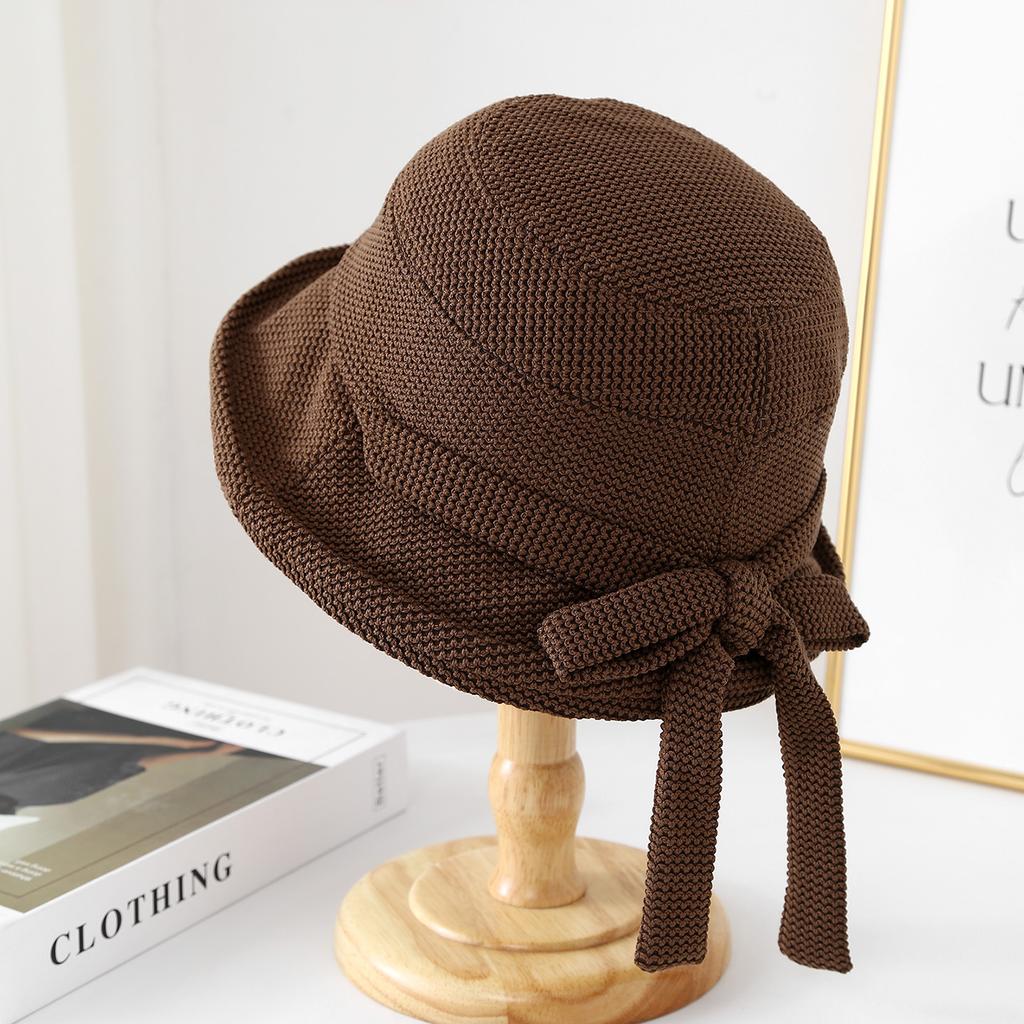 Bucket Hat Women Autumn Winter Vintage Breathable With Bowknot Knitted Fisherman Cap Female Sunscreen Bob