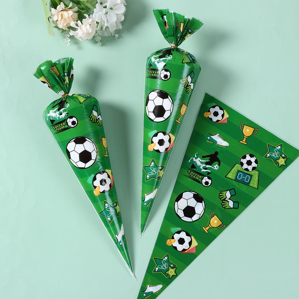 50pcs Football Theme Party Favors Cone Candy Bags Soccer Plastic Gift Packaging Bags Boy Kids Birthday Party Decoration Supplies