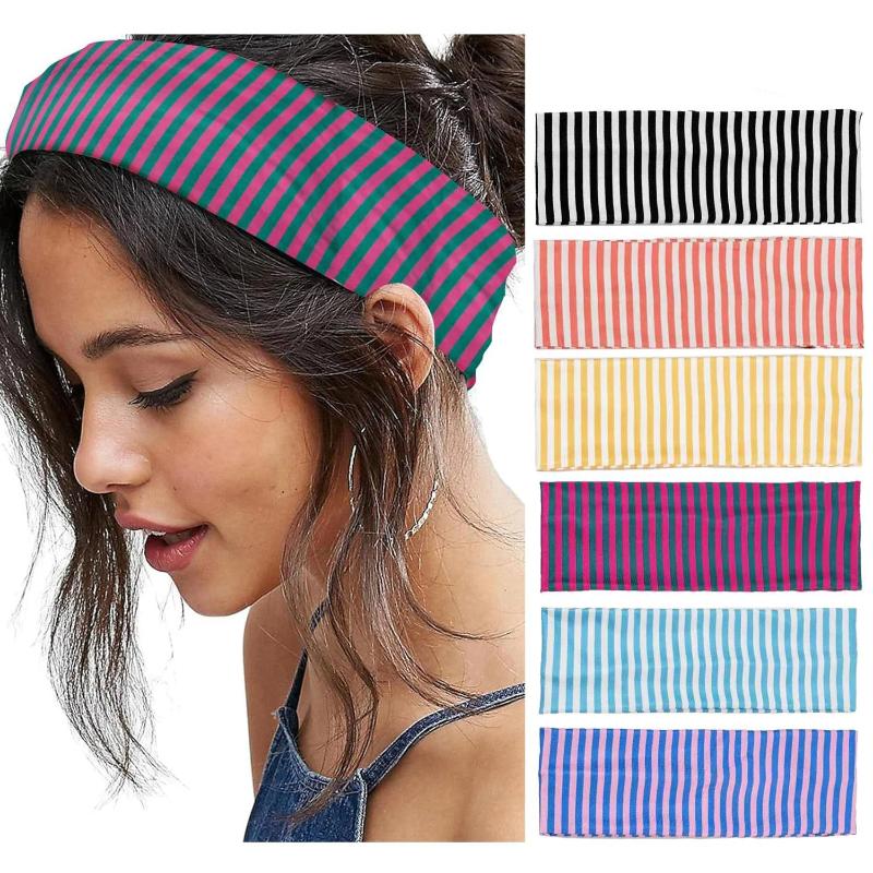 Stretchy Wide Striped Headbands Soft Non-Irritating Breathable Fabric 6 Color Choices for Yoga Travel Daily Wear