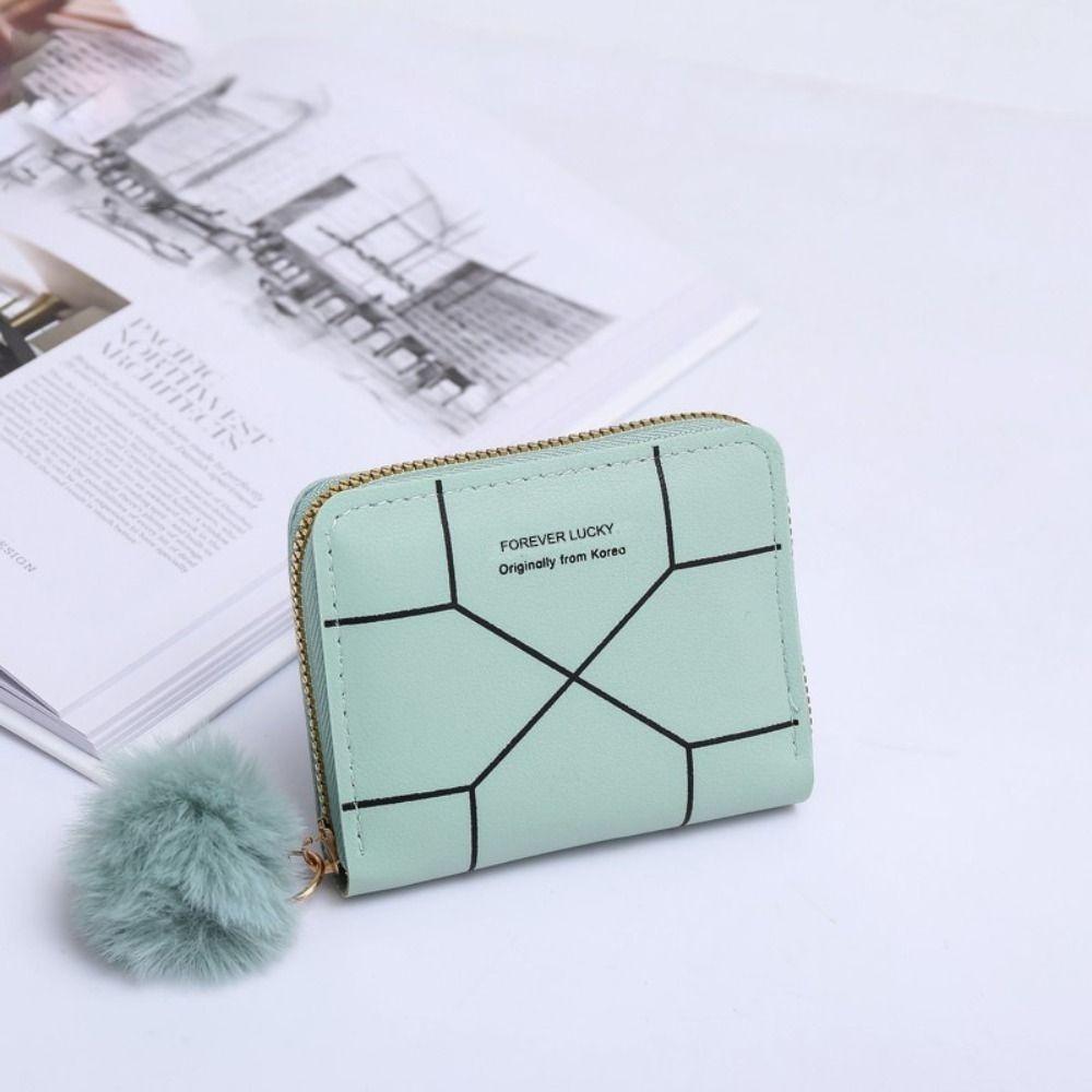 

Portable Zipper Card Holder PU Leather With Pom Pendant Coin Purse Printed Female Bag Women Girls зелёный
