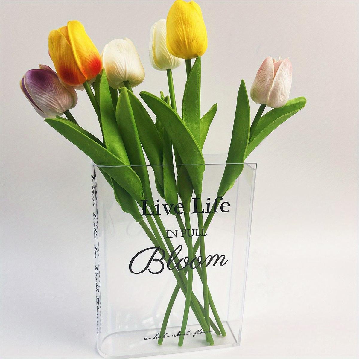 

Modern Minimalist Acrylic Vase, Book-Shaped Transparent Design with Live Life in Full Bloom Inscription