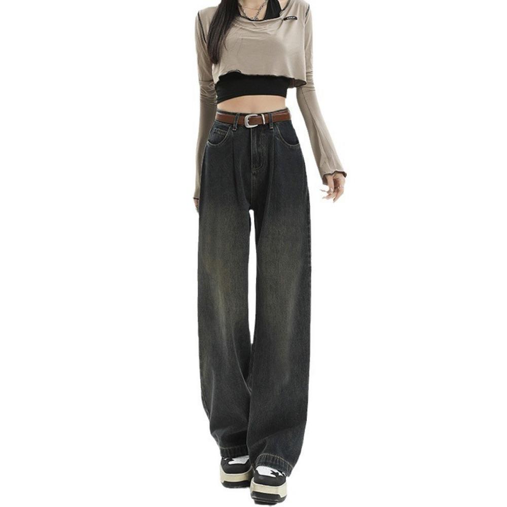 Autumn New American Retro Old Trendy Women's High Waist Loose Pleated Thin Straight Wide-leg Jeans