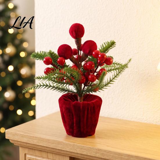 Holiday Table Plants Velvet Christmas Ball Potted Plants, Mini Tree with Artificial Pine, Desktop Red Berry, Fabric Bow, Tabletop Centerpiece for Xmas