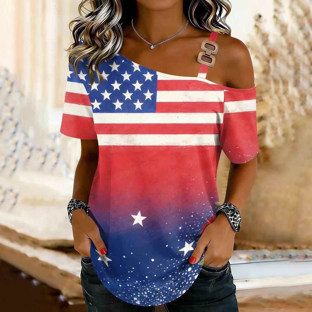 Damenmode Casual Print Sexy schulterfreies Kurzarm-T-Shirt-Oberteil