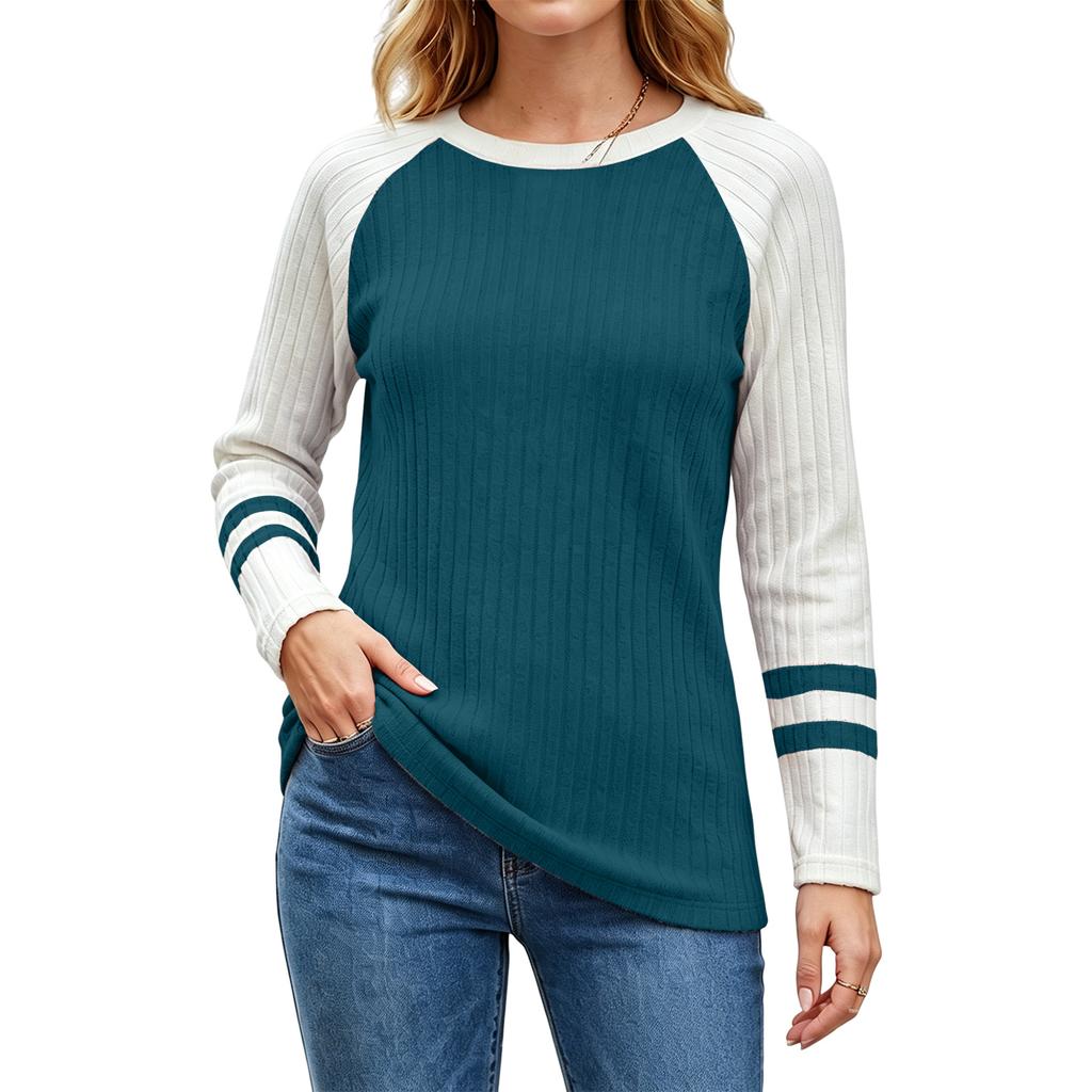 Women's Color Block Round Neck Long Sleeve Knit Top for Casual Daily Wear