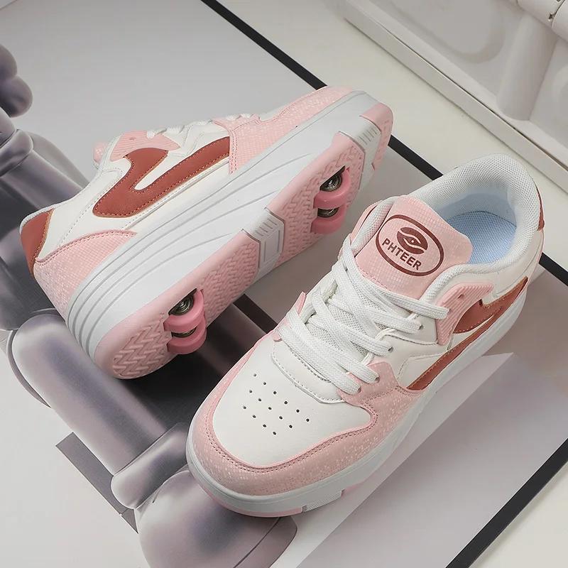Roller Skate Shoe Walking Shoes With Four-wheel Student Sports Pulleys Walking Shoes With Wheels Summer Spring Kids Sneakers