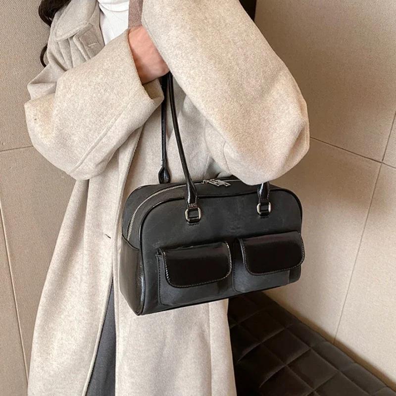 Korean Fashion Womens Shoulder Bag Soft Suede With Pu Leather Bowling Handbag Casual Luxury Vintage 2024 New Boston Tote Bag