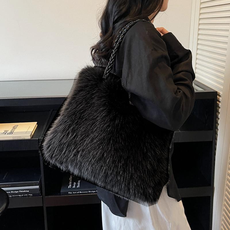 Women Fashion Plush Shoulder Bag Solid Color Woven Strap Large Capacity Soft Material Lightweight Daily Commute Handbag KTB