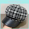 Retro British Style Pu Leather Beret With Checkered Pattern For Spring And Autumn Wear