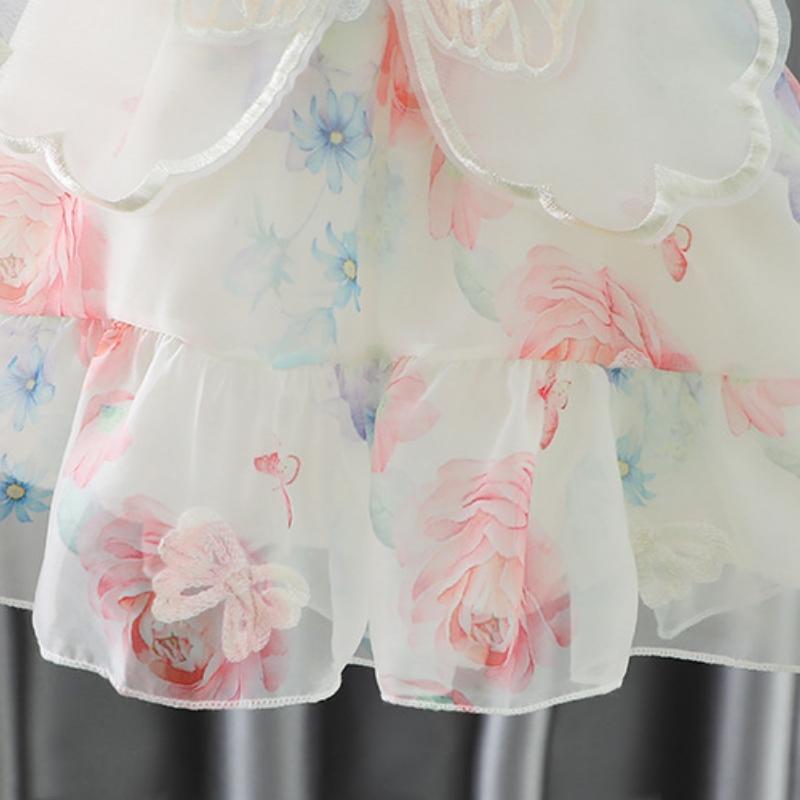 Summer Sweet Winged Princess Dress Fashion Flowers Printed Dress Bow Sleeveless Princess Dress Children's Day Party Dress 0-3Yrs