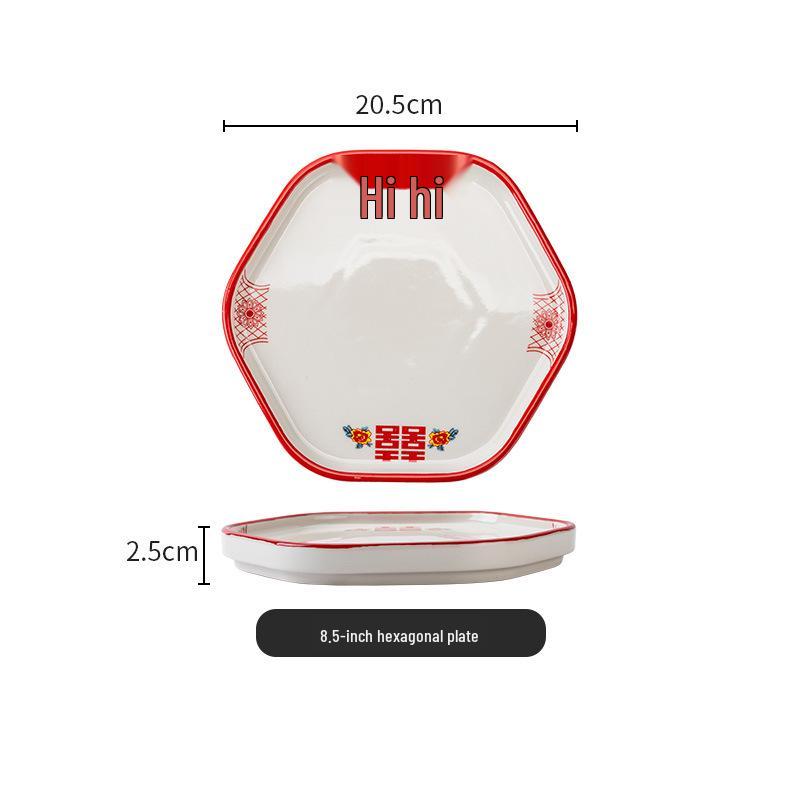 Set di Piatto Rotondo Rosso Ceramica Retrò Doppia Felicità - Piatto Basso, Piatto Piatto, Piatto per Hot Pot, Piatto per Carne, Piatto per Salsa e Piatto per Pesce per Tavola da Ristorante.