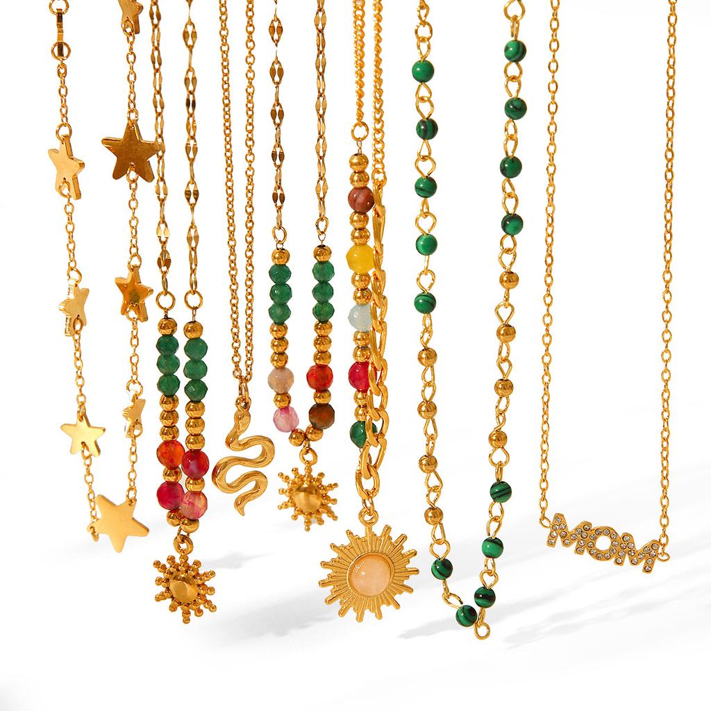 Natural Stone Beaded Titanium Steel Necklace with Sun and Star Pendant Women's Fashion Jewelry