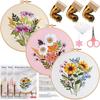 3 Sets Embroidery Kit for Beginners with Floral Patterns, Cross Stitch Kits for Adults Including Hoop, Pre-Printed Fabrics, Threads