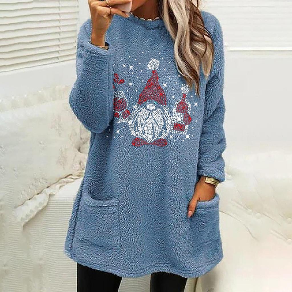 European & American Women's Christmas Snowman Print Plush Hoodie - Round Neck, Loose Fit, Long Sleeve with Pockets.