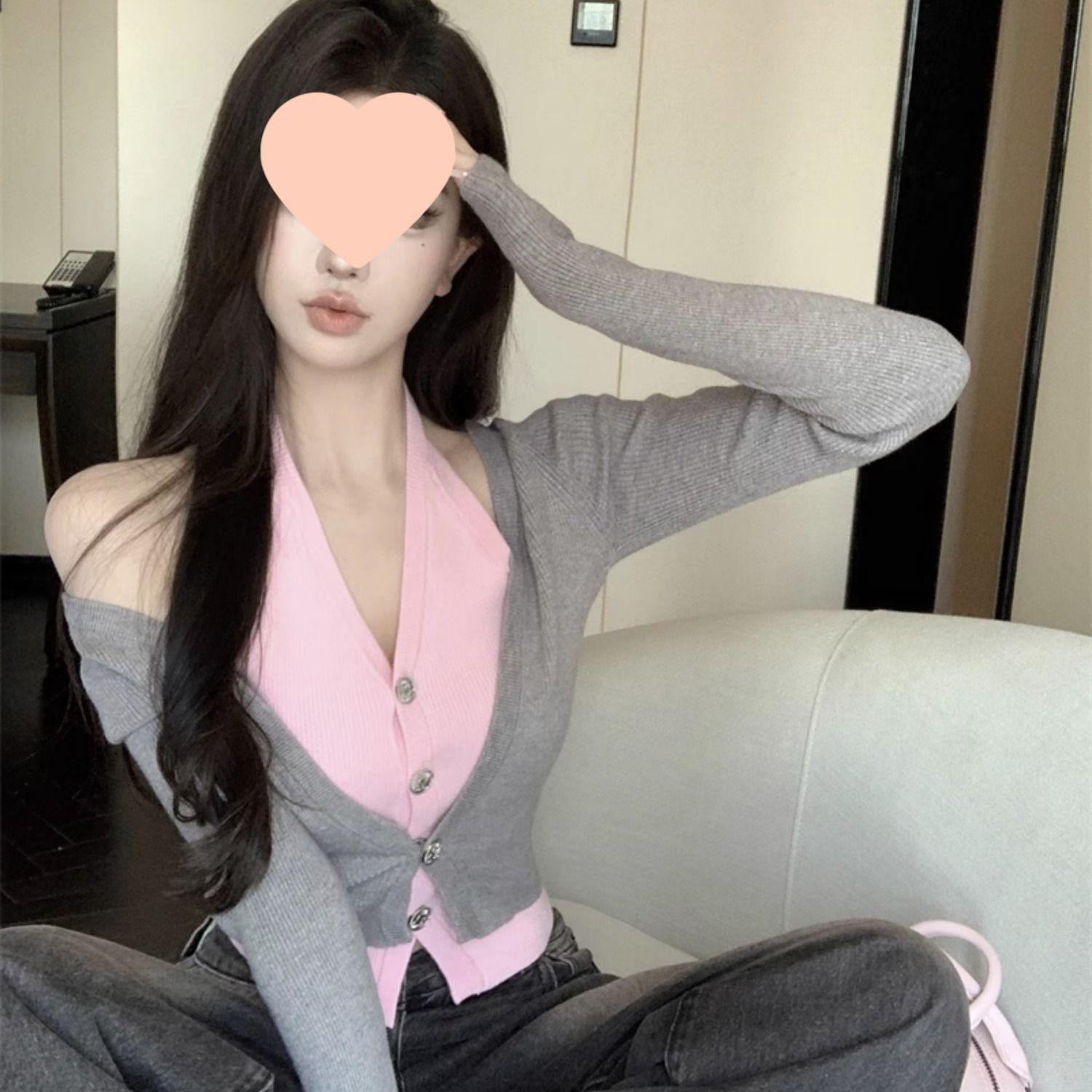 

Кардиган вязаный пэчворк с V-образным вырезом - Женский свитер облегающего кроя для начала осени L