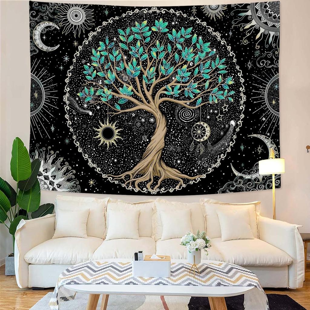 Rexful Baum des Lebens Wandteppich Grünes Wandbild für Schlafzimmer Spirituelle Ästhetik Sonne und Mond Wandteppiche Wandbehang Dekoration
