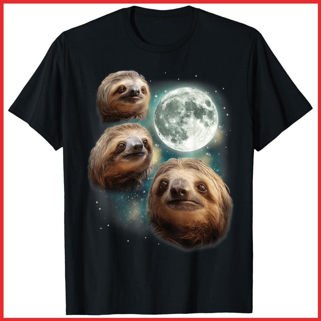 Three Sloth Moon Funny 3 Lazy Animals Howling Parody Black Cotton T-Shirt S-5XL
