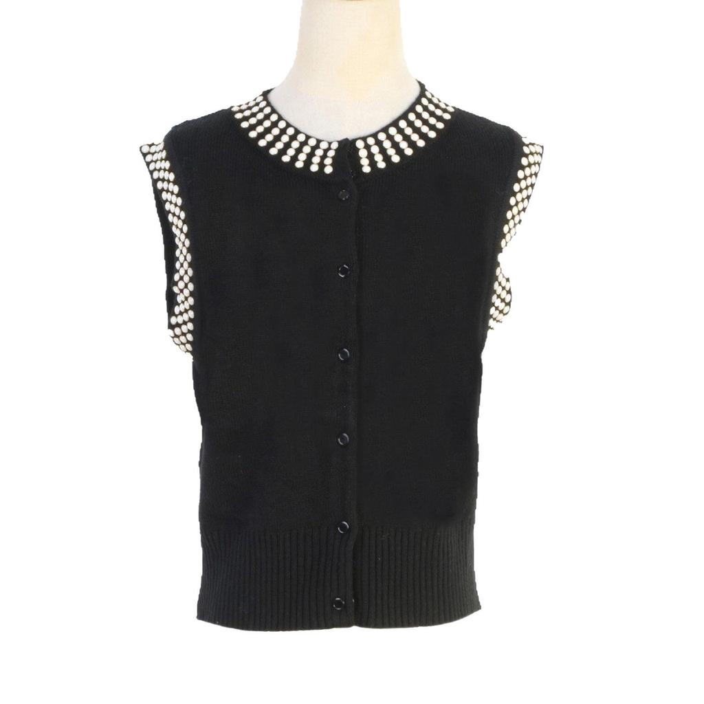 French Beaded Sleeveless Knit Vest – Simple, Versatile, Spring/Summer Women's Round Neck Waistcoat/Cardigan