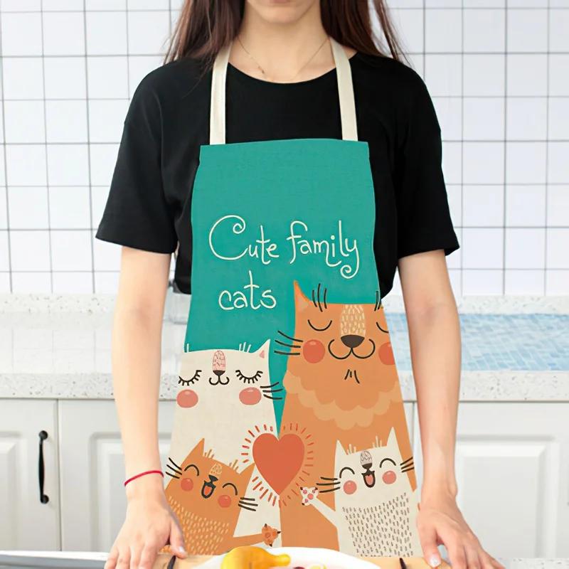 1Pcs Apron Cotton Linen Cooking Cute Cat Printed Home Sleeveless Aprons Men Women Baking Accessories Household Kitchen Supplies