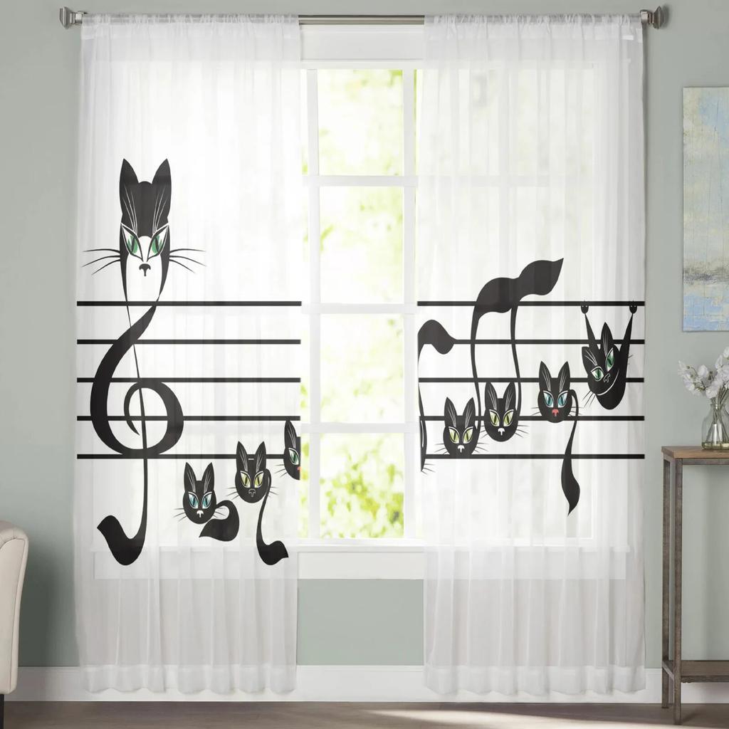 Kočičí hudební nota Hůlový tyl Závěsy do obývacího pokoje Ložnice Šifon Průsvitný voál Závěs na kuchyňské okno