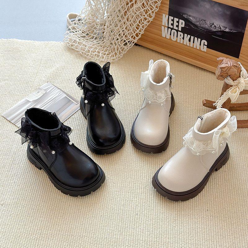 Children's Sweet Ankle Boots, Winter Girls' Fashionable Lace Bow and Fleece Boots