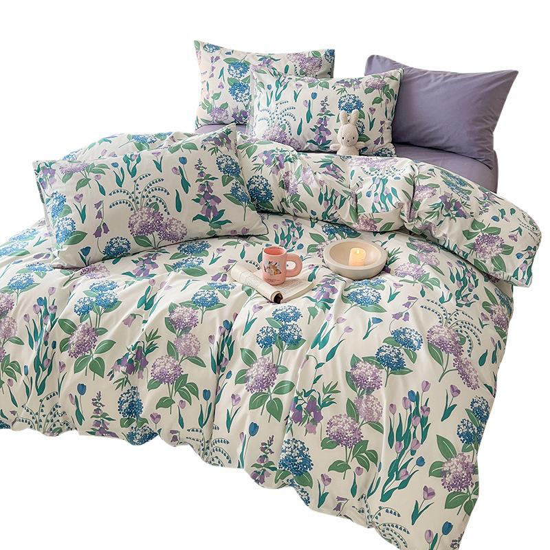 Pastoral Purple Floral Cotton Duvet Cover Set - 4 Pieces, 150x200 cm