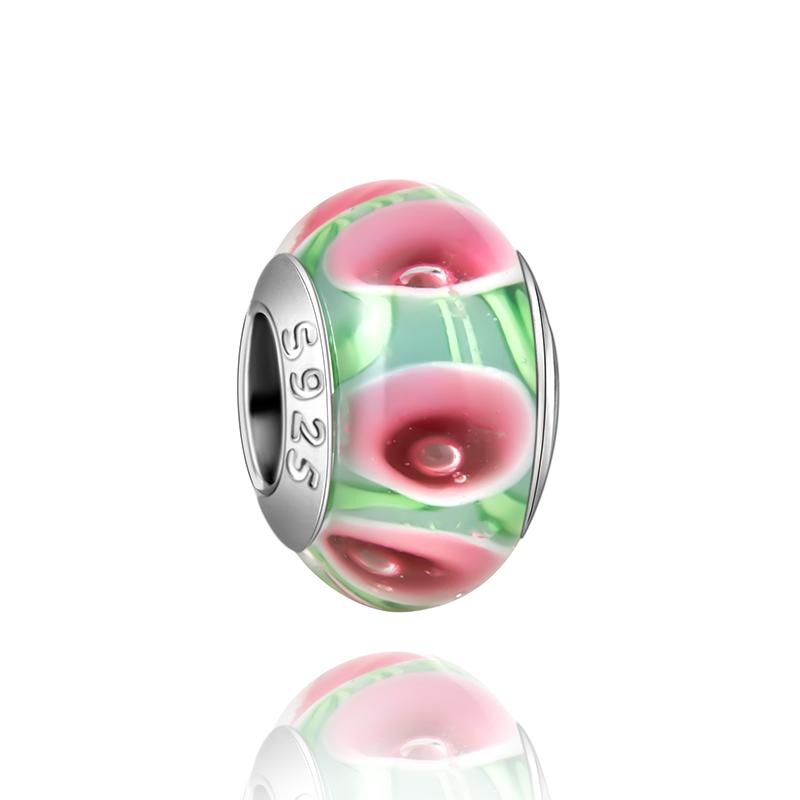  Charm Murano Vague Bleu Foncé Cuivré Coloré Compatible Bracelet Original Joli Charme Perles en Verre de Murano Fleur Rose Bijou