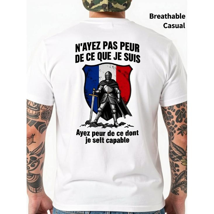 Men's French Revolution T-Shirt with French Shield Emblem & "Don't Be Afraid of Who I Am/N'ayez Pas De Ce Que Je Suis" Slogan - Breathable Cotton