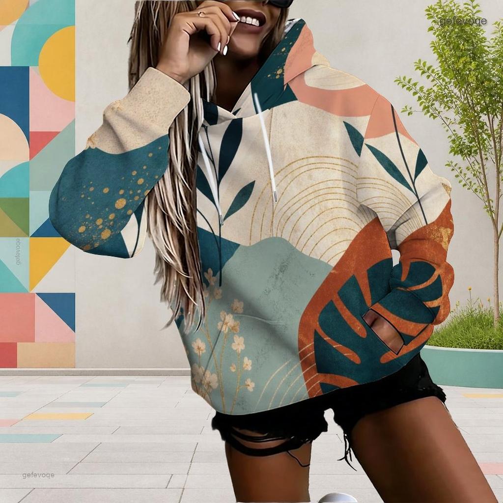 Women Plus Size Abstract Printed Long Sleeve Drawstring Hoodie Kangaroo Pocket Pullover