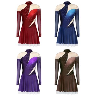 Damen Eiskunstlaufkleid Glänzende Strasssteine Farbverlauf Stehkragen Mesh Lange Ärmel Tanzbekleidung