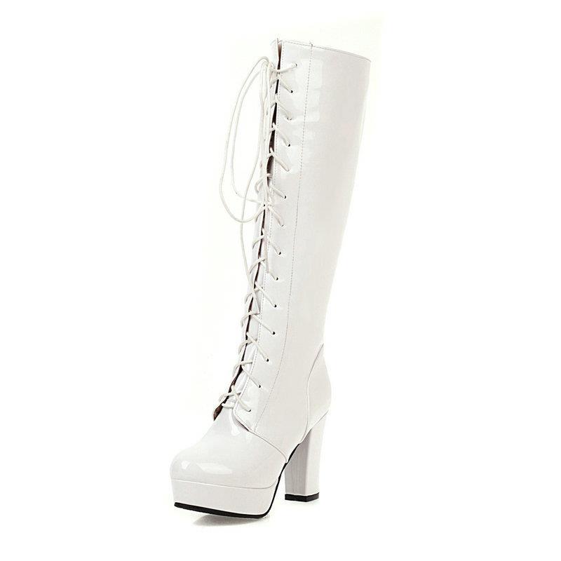 

2024Mature Women s Boots Knee High Retro Sexy Chelsea Boots 10CM Square Heel Autumn and Winter New High Tube Lace Up Women Shoes 32 білий