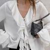 European and American Frill Bell Sleeve V-neck Lace-up Shirts V-Neck Shirt with Flared Sleeves