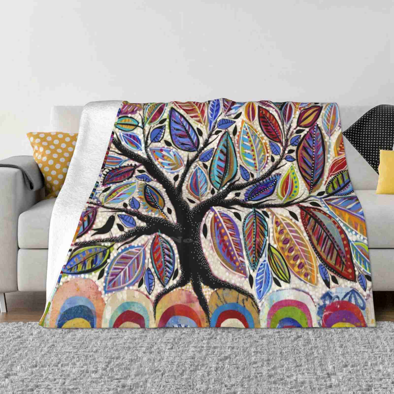 The World Arises Fashion Soft Warm Flannel Blanket Tree Of Life Colorful Whimsical Dar James Black Birds Leaves Botanical 30x40in
