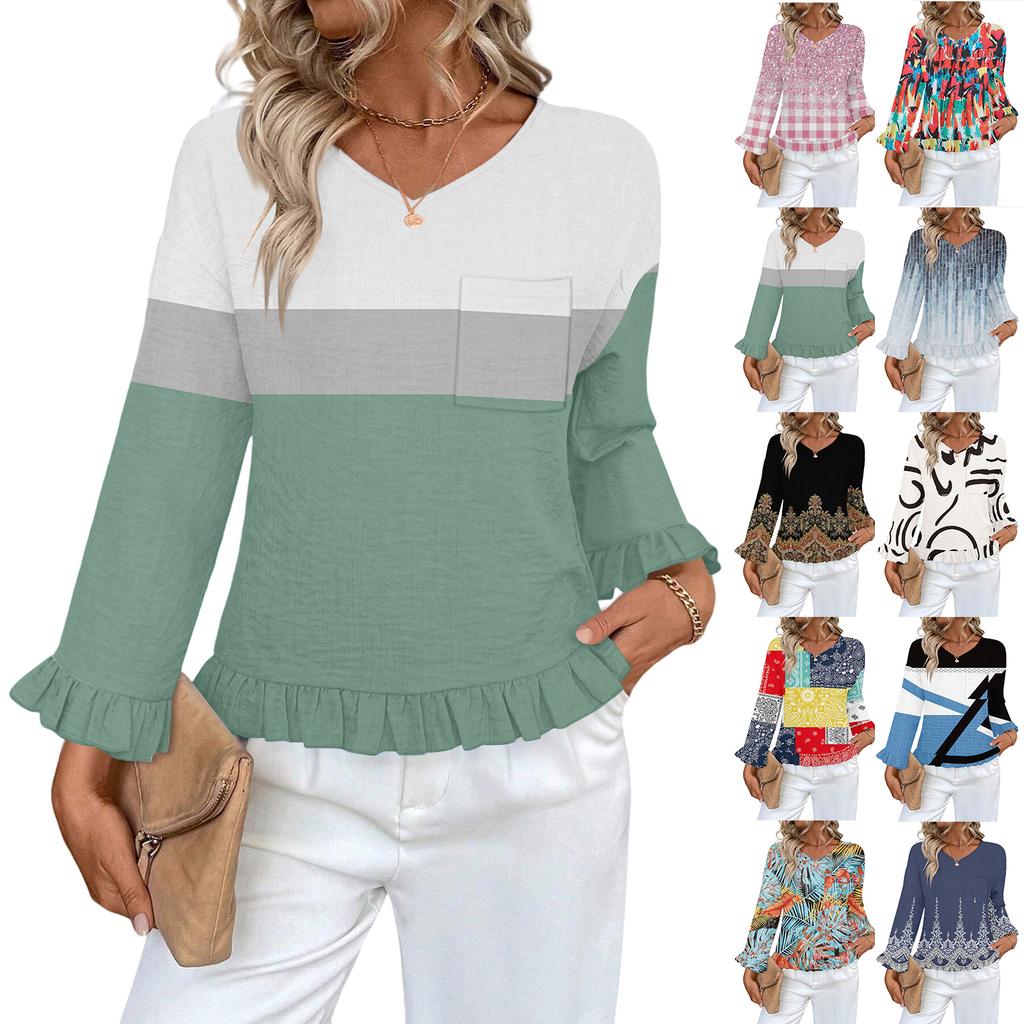 Women's Casual Fashion Ruffle V-Neck Pocket Retro Print Long Sleeve Top