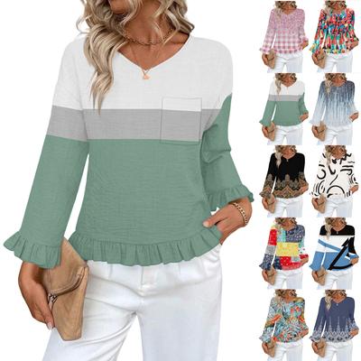 Women's Casual Fashion Ruffle V-Neck Pocket Retro Print Long Sleeve Top