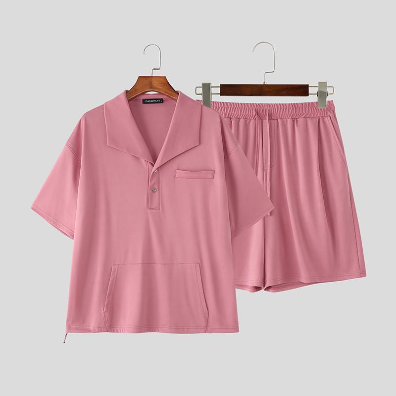 

INCERUN Two Piece Suit Men Lapel Neck Short Sleeve T-Shirts Shorts Casual Sports Outfits Sets 2XL светло-розовый