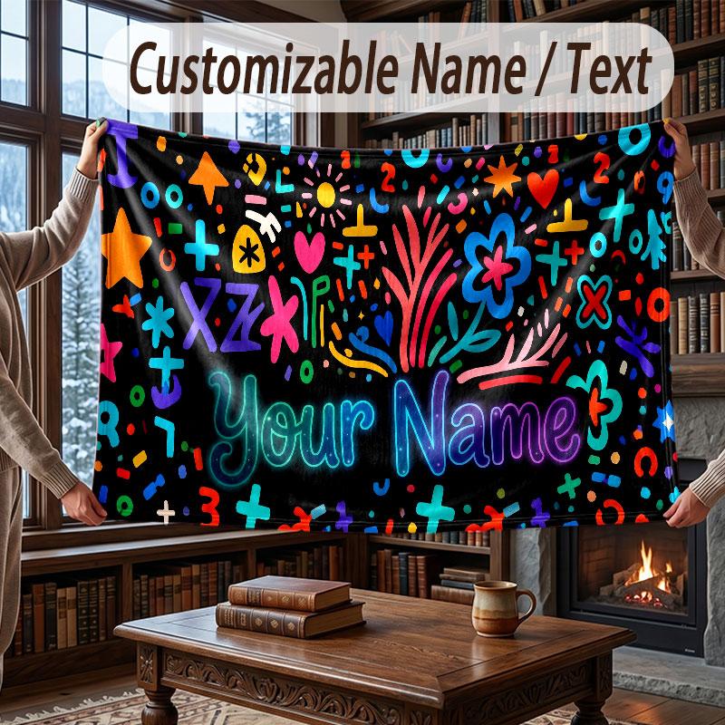 Neon Colorful Theme Throw Blanket Custom Name Text Personalized Blanket Soft Cozy Blanket for Home Sofa Bed